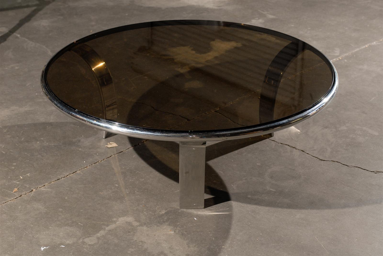 Mid-20th Century Round Chrome Coffee Table with Smoky Glass Top For Sale 2