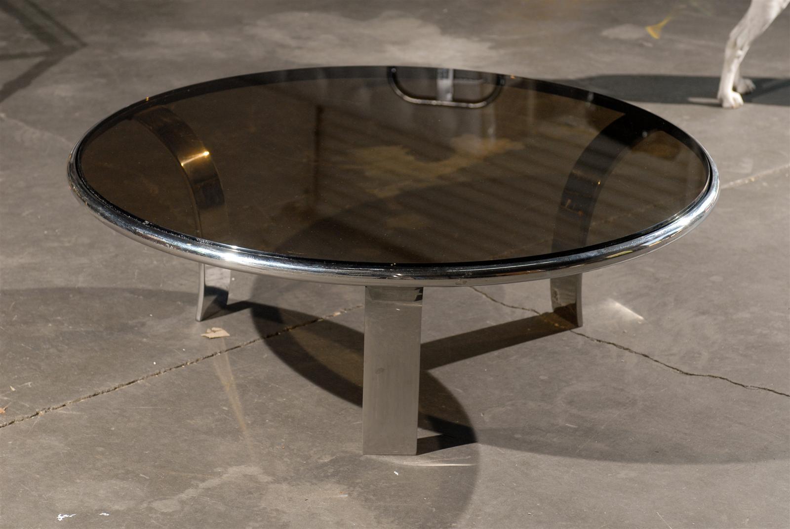 Mid-20th Century Round Chrome Coffee Table with Smoky Glass Top For Sale 3