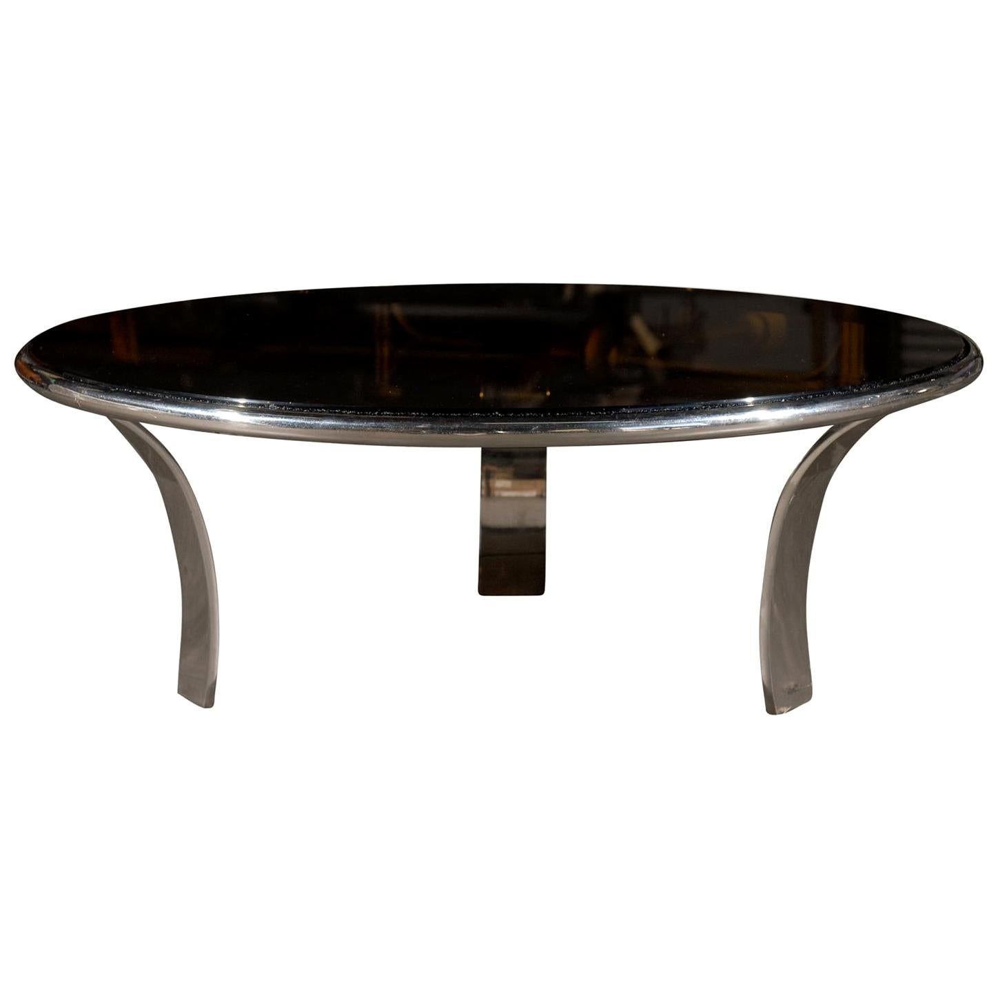 Mid-20th Century Round Chrome Coffee Table with Smoky Glass Top For Sale