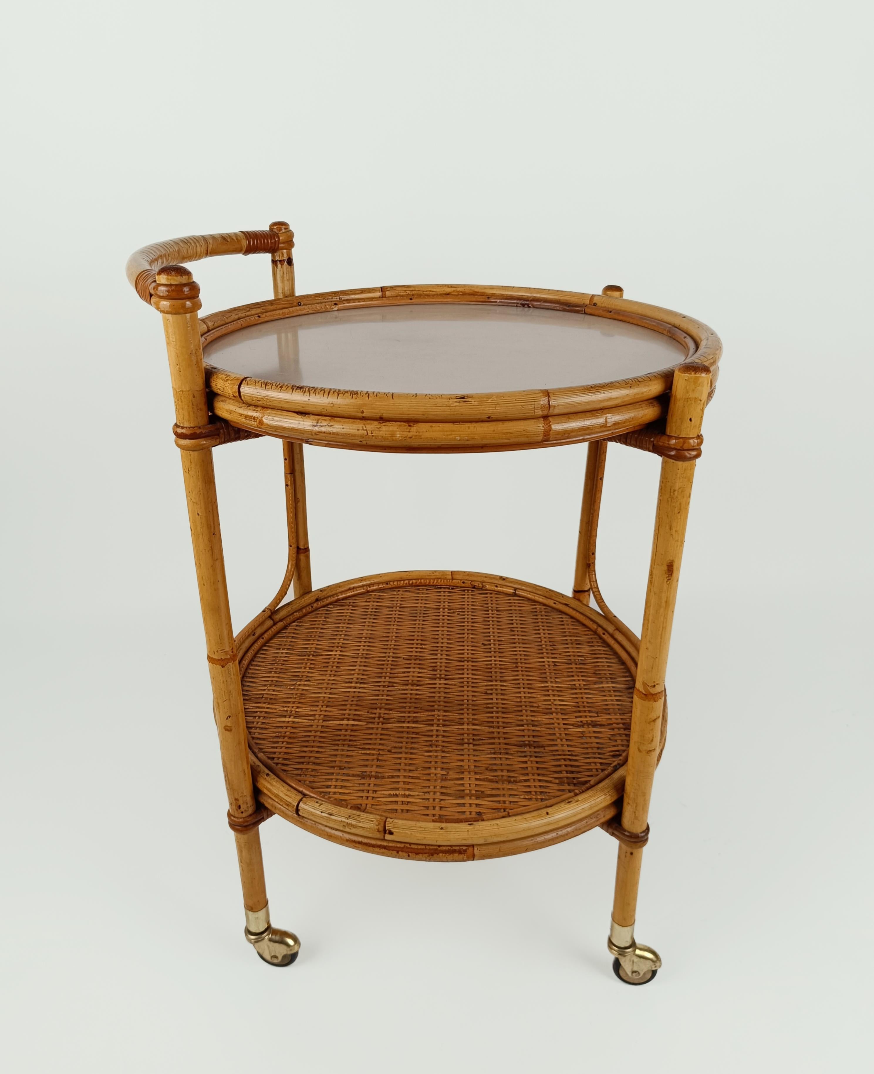 Mid 20th Century Round Serving Bar Cart Trolley in Bamboo & Rattan Italy, 1960s For Sale 7