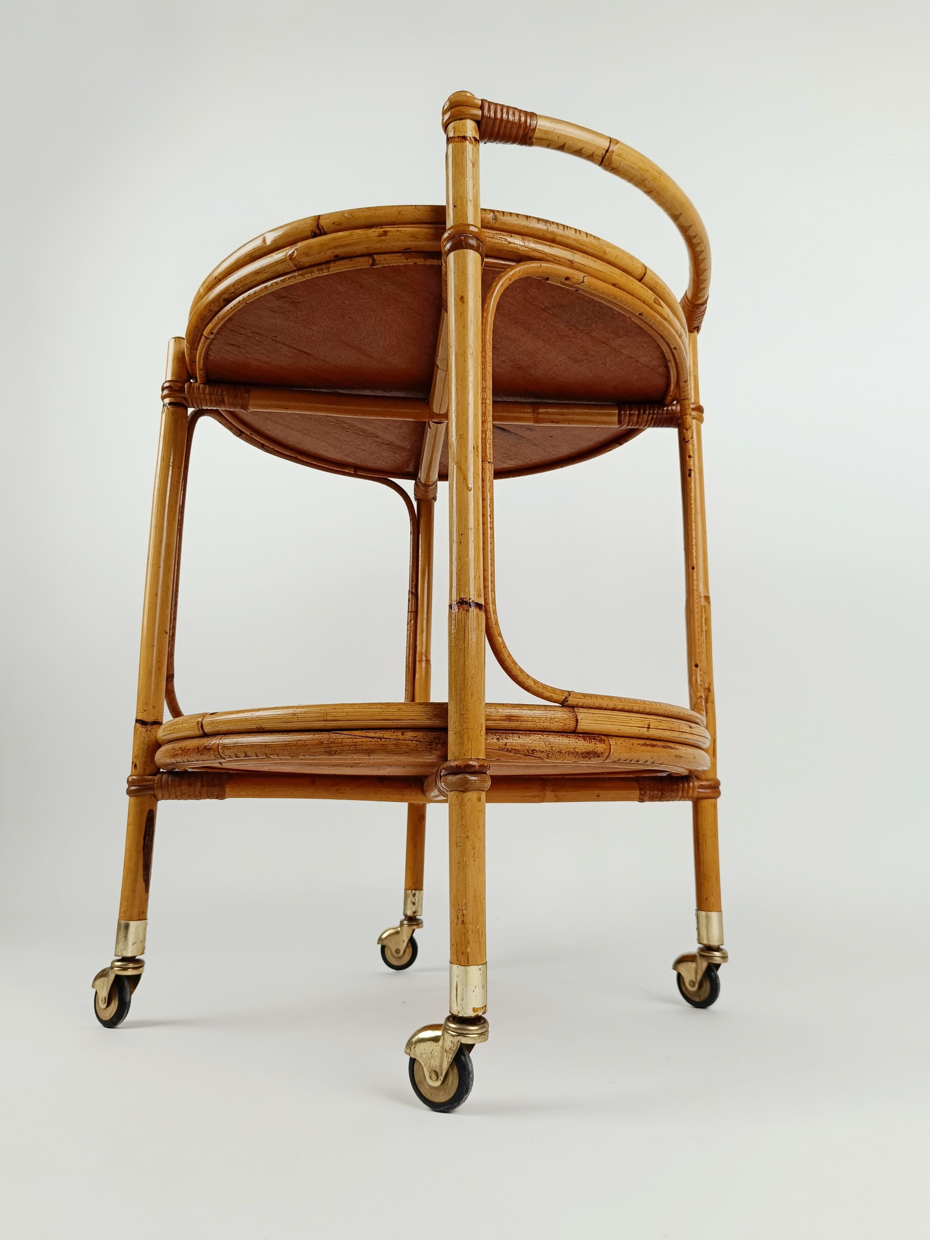 Mid 20th Century Round Serving Bar Cart Trolley in Bamboo & Rattan Italy, 1960s For Sale 9