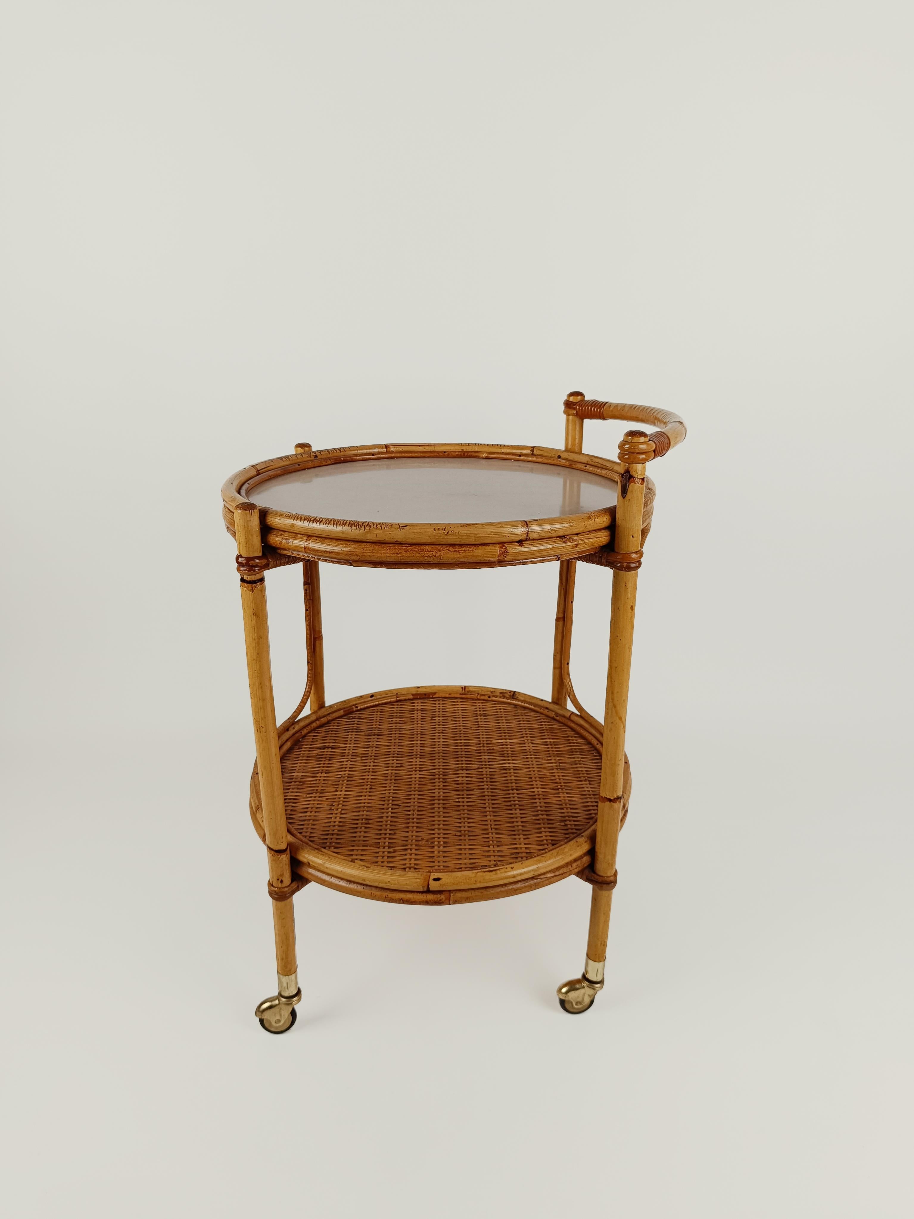 Mid 20th Century Round Serving Bar Cart Trolley in Bamboo & Rattan Italy, 1960s For Sale 11