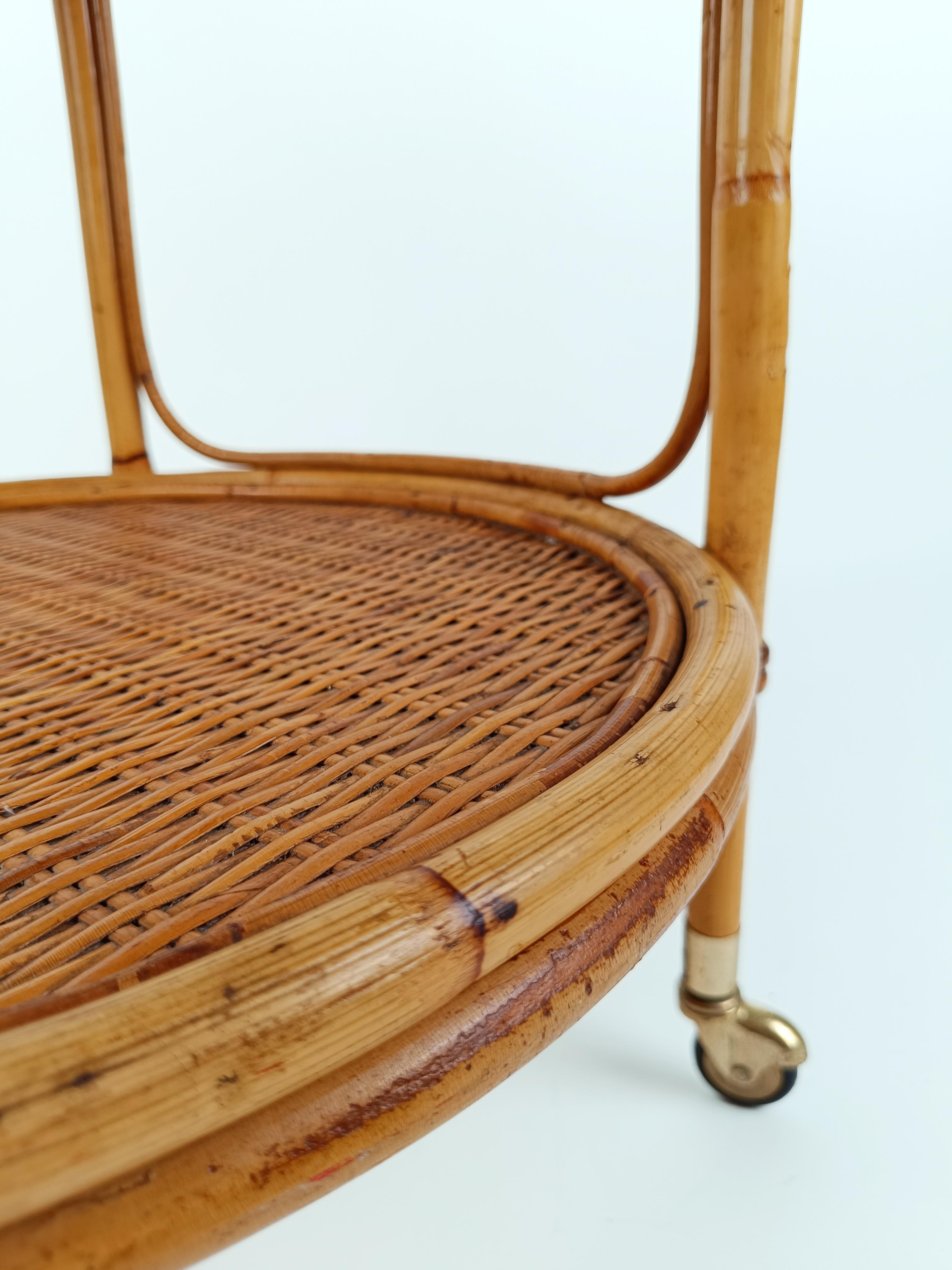 Mid 20th Century Round Serving Bar Cart Trolley in Bamboo & Rattan Italy, 1960s For Sale 12