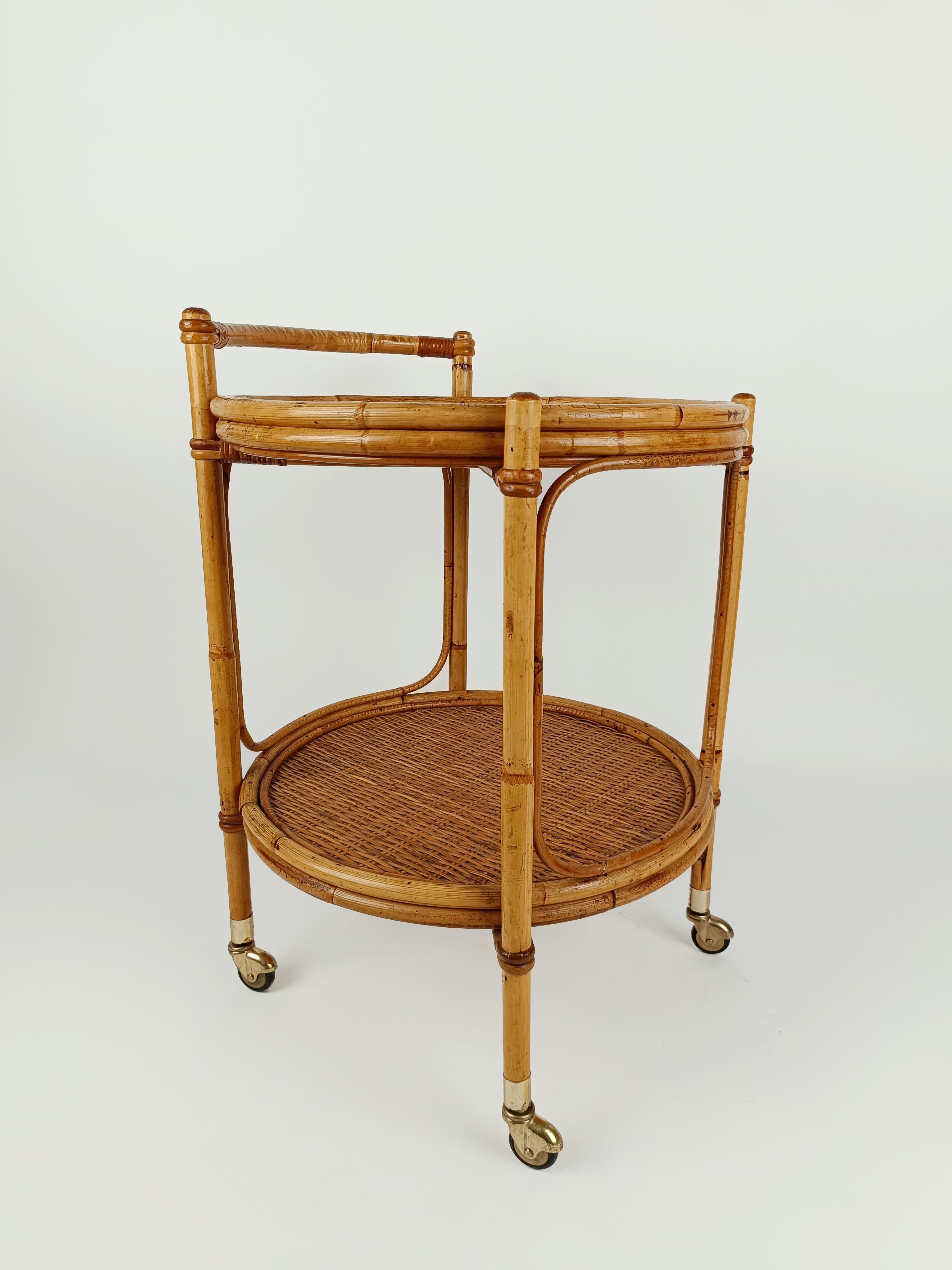 Mid 20th Century Round Serving Bar Cart Trolley in Bamboo & Rattan Italy, 1960s For Sale 13