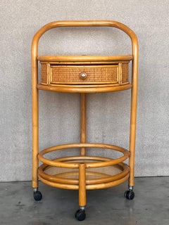 Mid 20th Century Round Serving Bar Cart Trolley in Bamboo & Rattan Italy, 1960s