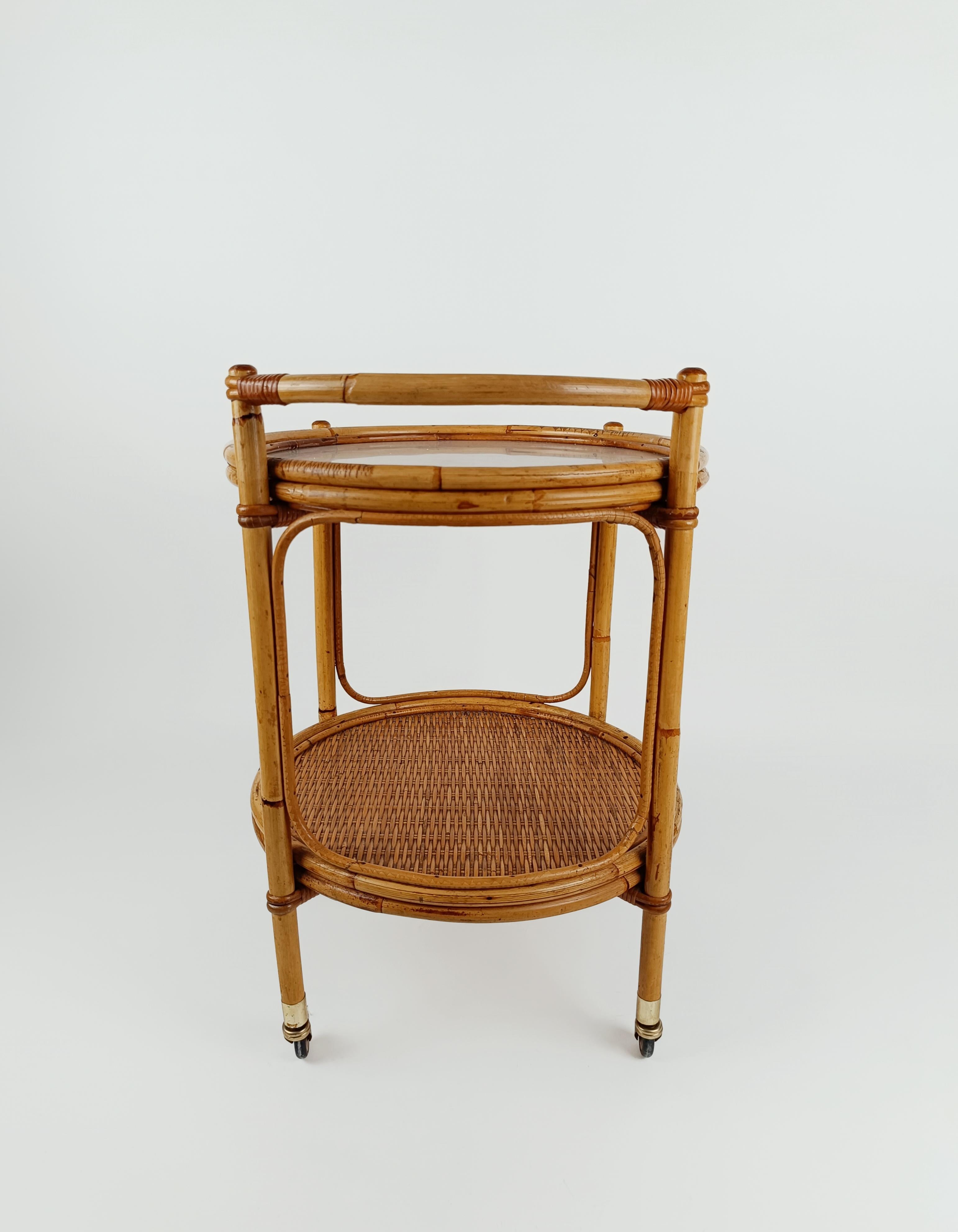 Mid 20th Century Round Serving Bar Cart Trolley in Bamboo & Rattan Italy, 1960s For Sale 1