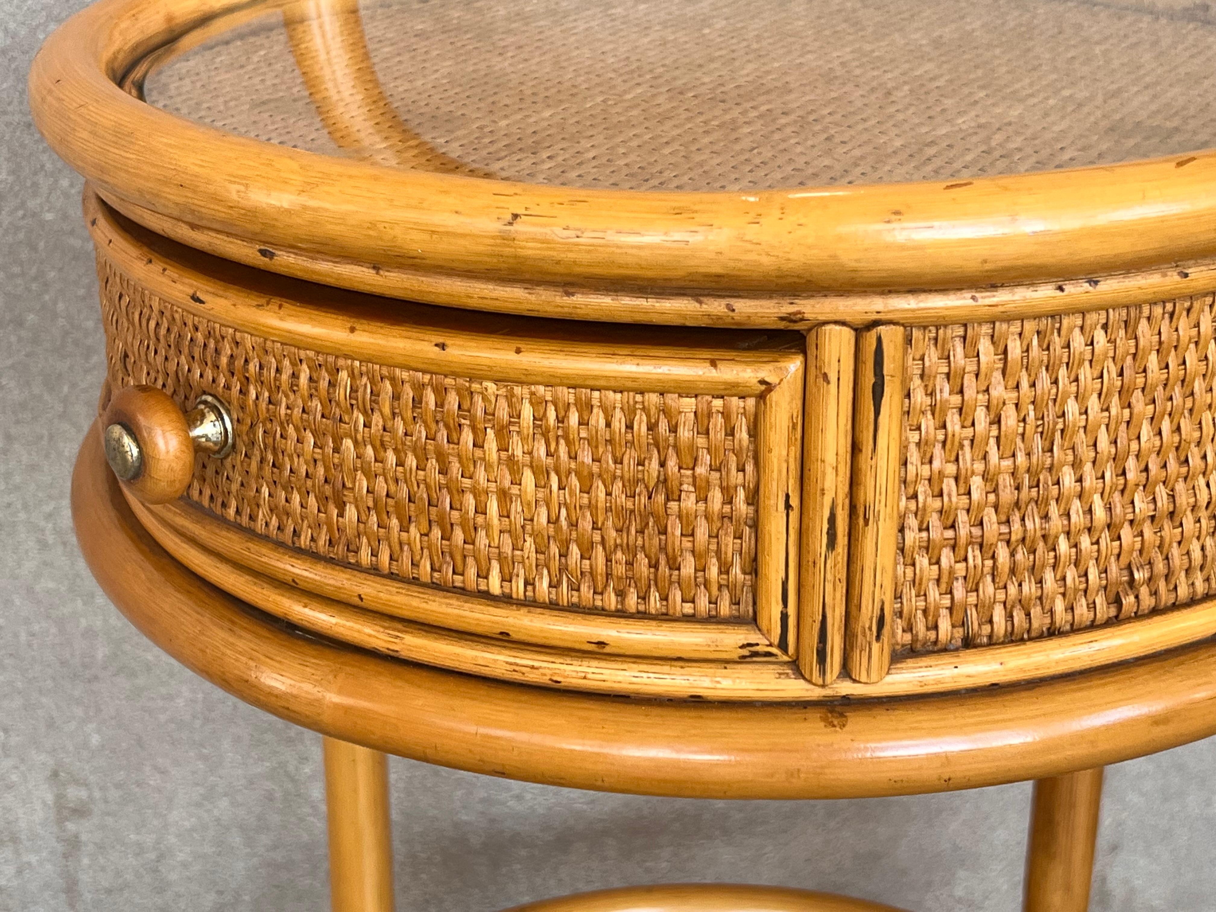 Mid 20th Century Round Serving Bar Cart Trolley in Bamboo & Rattan Italy, 1960s For Sale 2