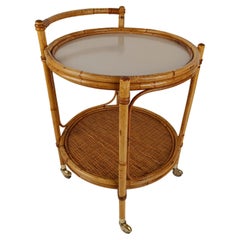 Vintage Mid 20th Century Round Serving Bar Cart Trolley in Bamboo & Rattan Italy, 1960s