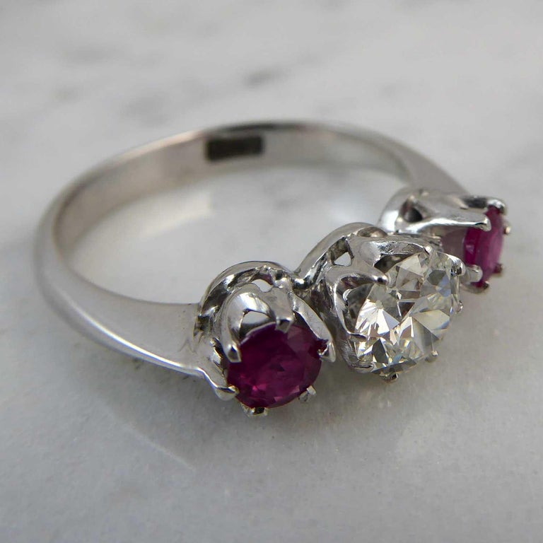 Mid-20th Century Ruby Diamond Three-Stone Engagement Ring For Sale at