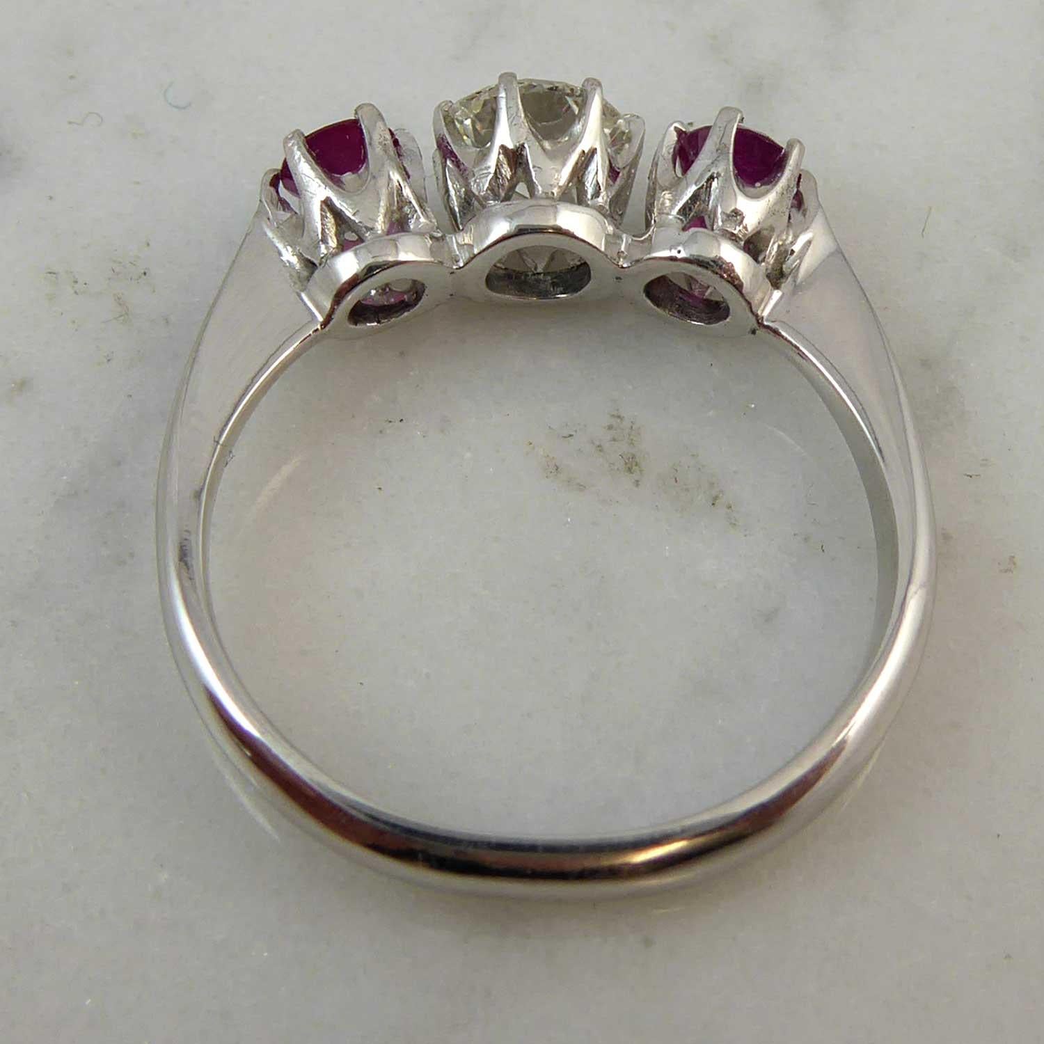 Round Cut Mid-20th Century Ruby Diamond Three-Stone Engagement Ring