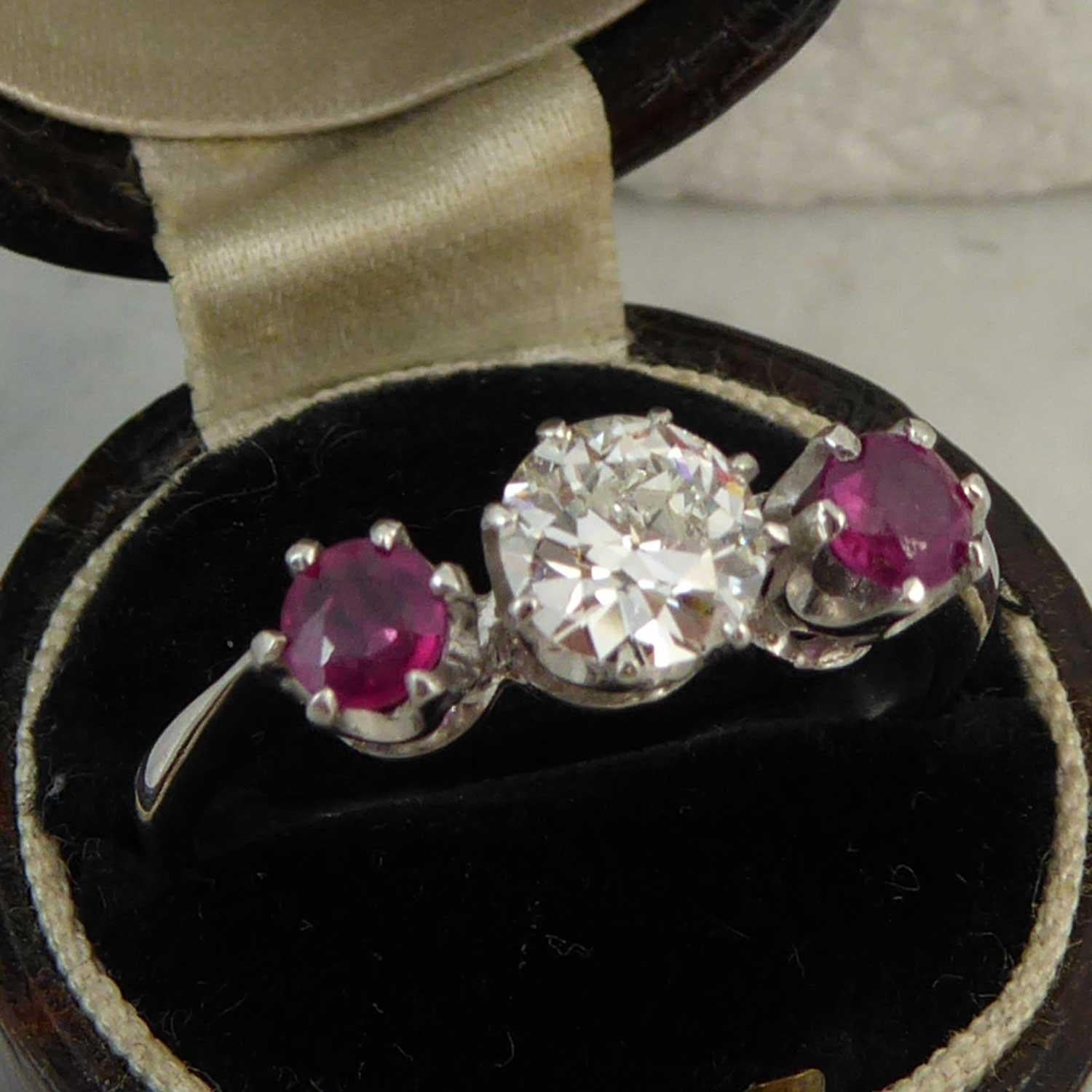 Mid-20th Century Ruby Diamond Three-Stone Engagement Ring In Fair Condition In Yorkshire, West Yorkshire