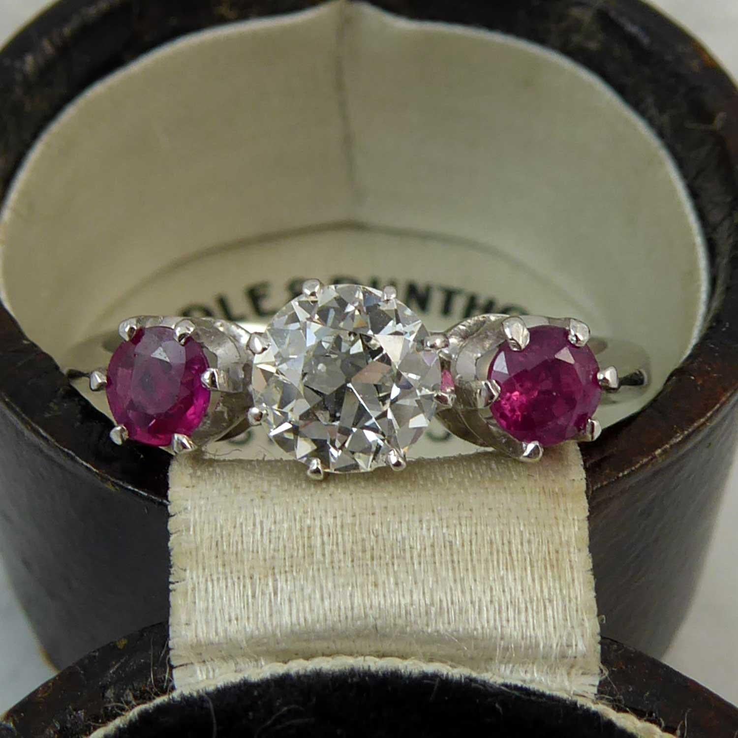 Women's or Men's Mid-20th Century Ruby Diamond Three-Stone Engagement Ring