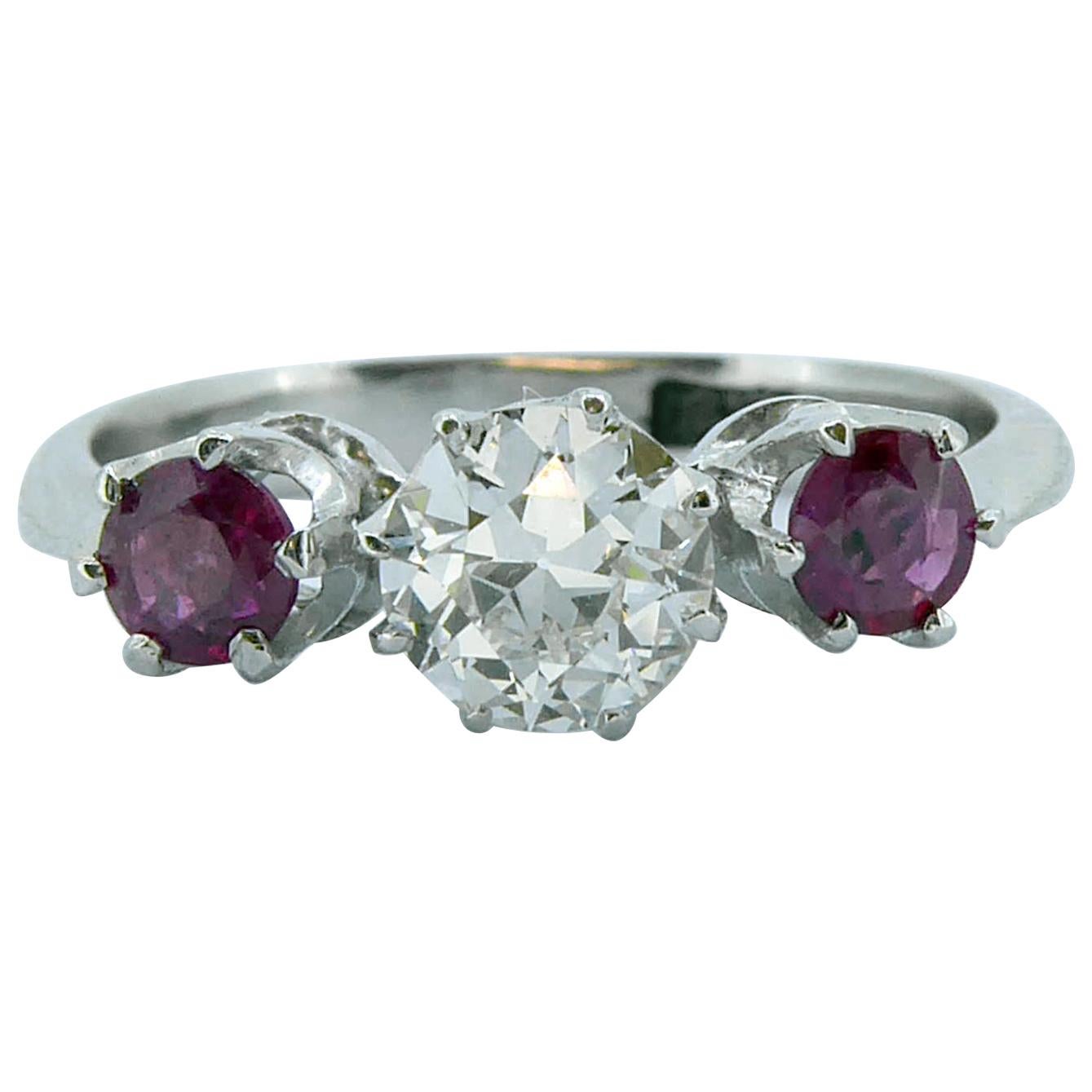 Mid-20th Century Ruby Diamond Three-Stone Engagement Ring