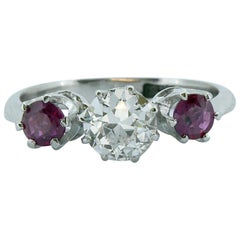 Mid-20th Century Ruby Diamond Three-Stone Engagement Ring