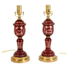 Vintage Mid 20th Century Ruby Red Bohemian Glass Lamps - a pair