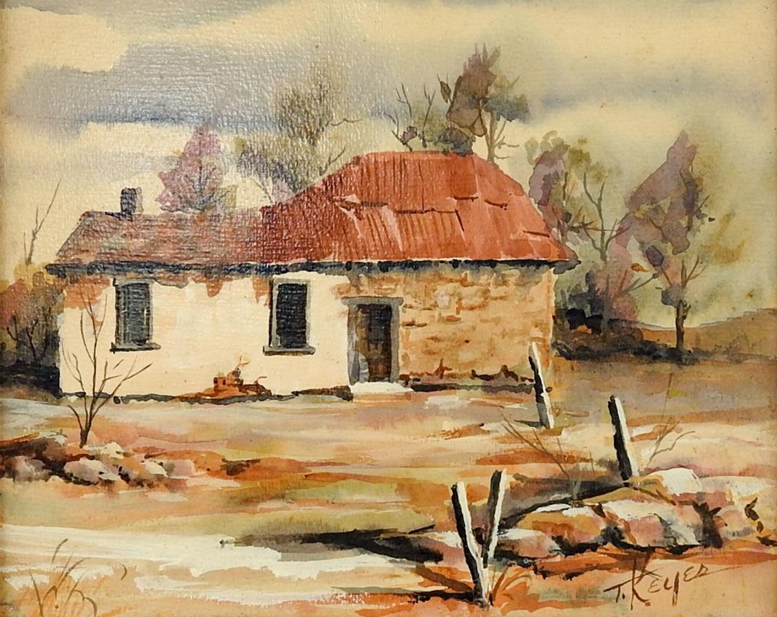 American Mid-20th Century Rustic Adobe Farmhouse Painting For Sale