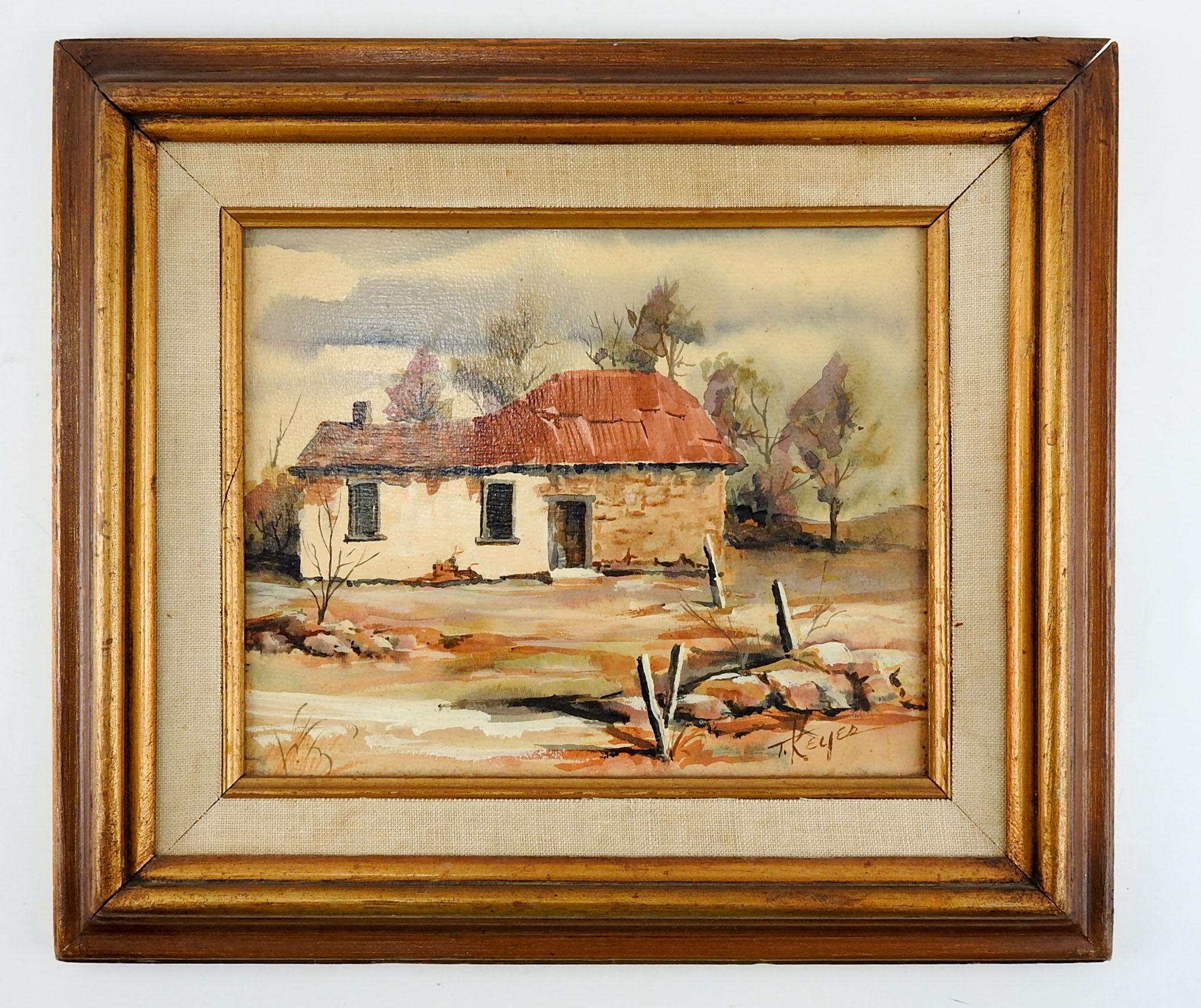 Mid-20th Century Rustic Adobe Farmhouse Painting In Good Condition For Sale In Seguin, TX