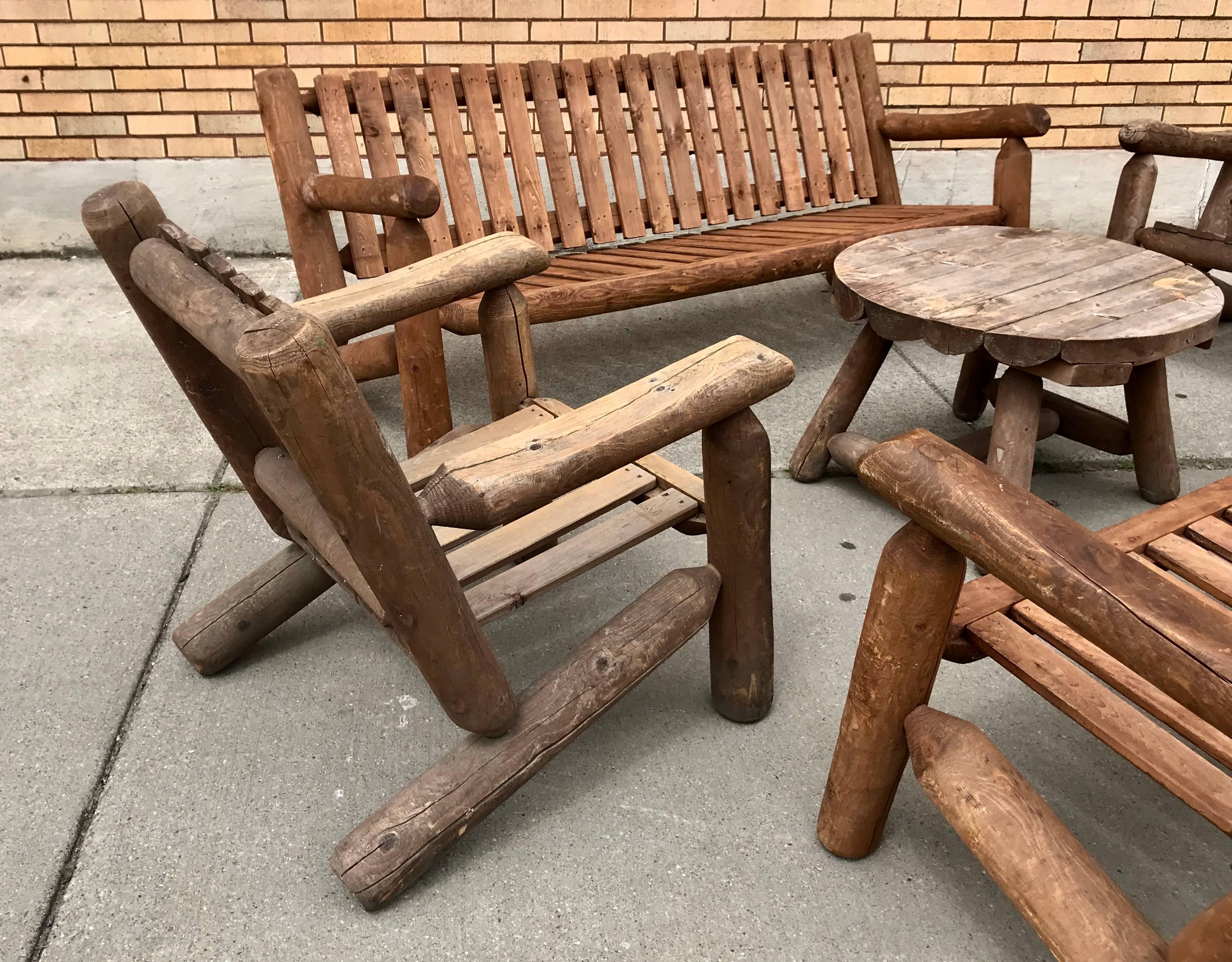 Mid 20th Century Rustic American Camp four-piece suite,Adirondack,,Two sofas,,two lounge chairs and table,Superior quality and construction.Sofa measures 78 x 27h x 32 d  Hand delivery avail to New York or anywhere en route from Buffalo Ny