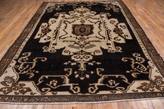 Mid-20th Century Rustic Turkish Kars Rug, Black Innter Field, Cream Outer Field