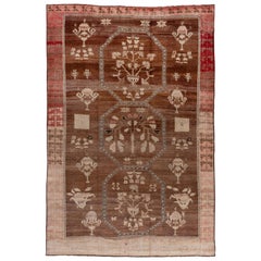 Mid-20th Century RusticTurkish Kars Rug, Brown Field, Pink and Red Borders