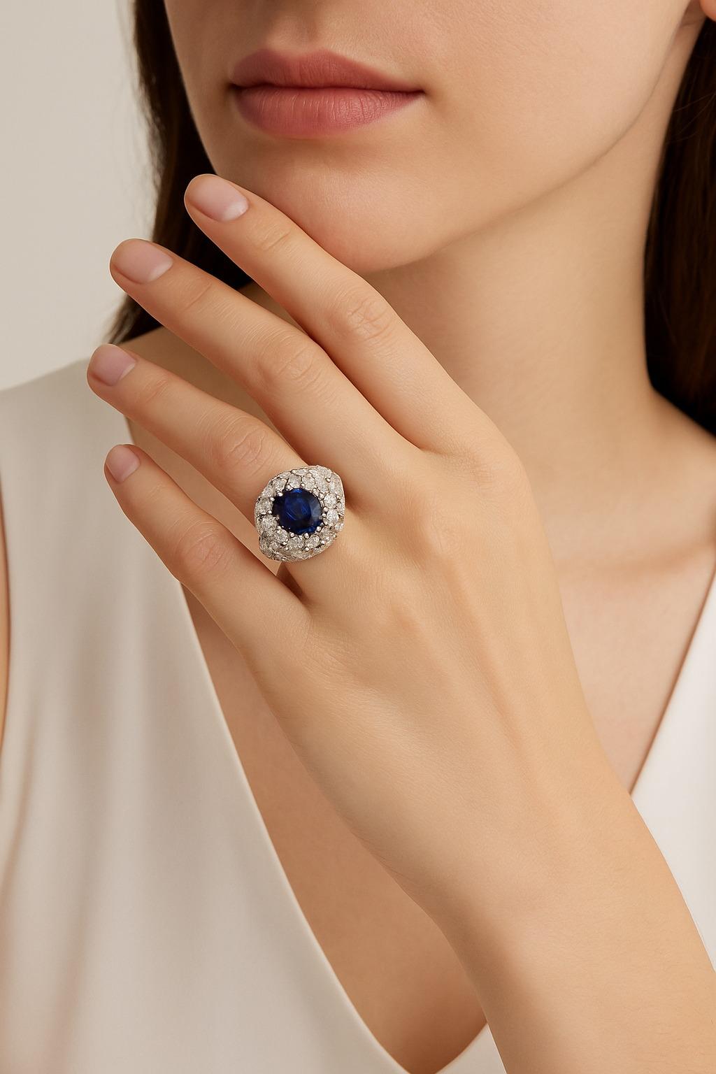Art Déco Anello Bombe di zaffiri e diamanti in platino della metà del XX secolo in vendita