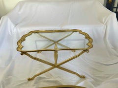 Mid 20th Century Scalloped Edge Brass and Glass X-Base Coffee Table