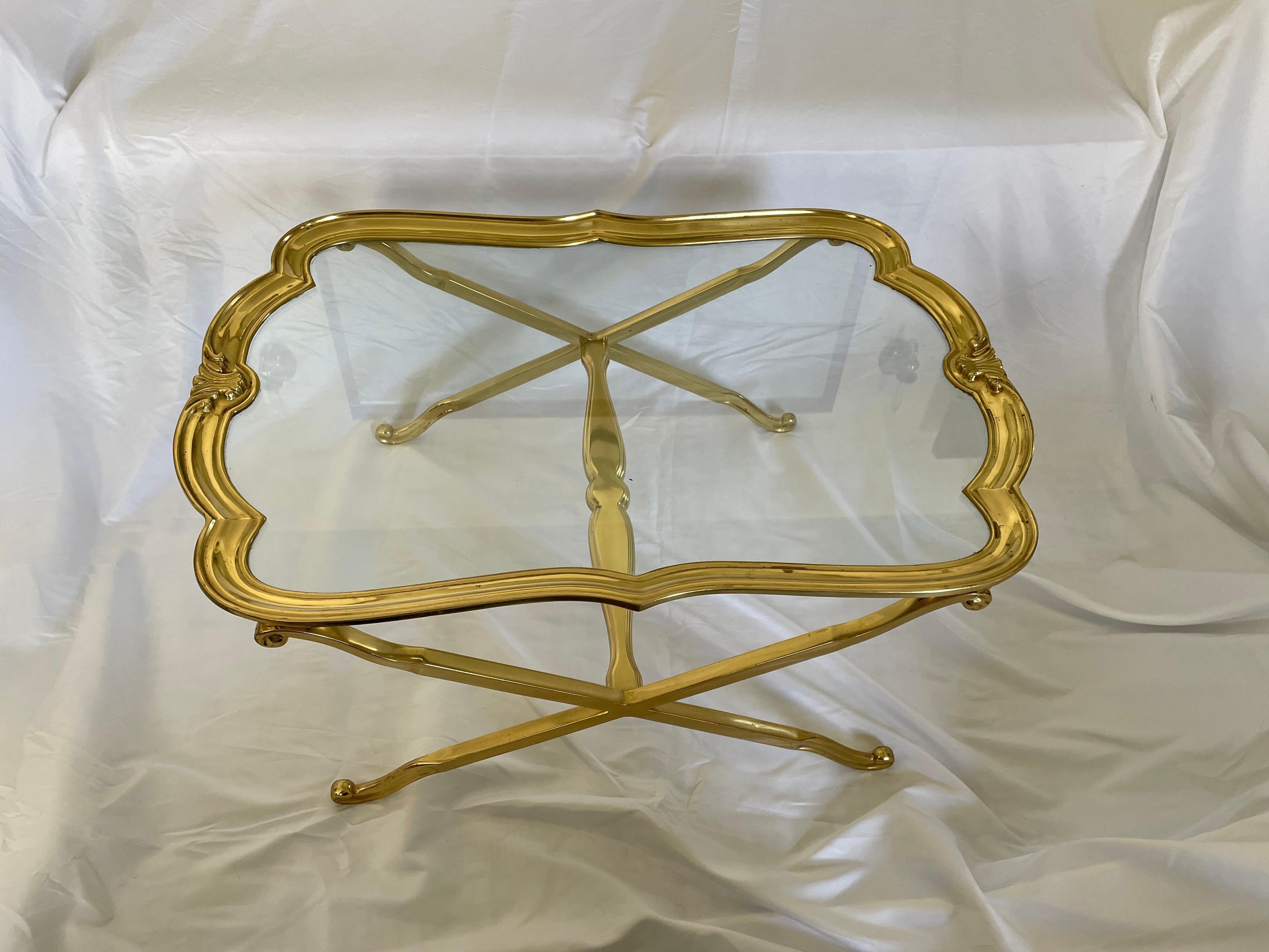 Mid 20th Century Scalloped Edge Brass and Glass X-Base Coffee Table In Good Condition For Sale In W Allenhurst, NJ