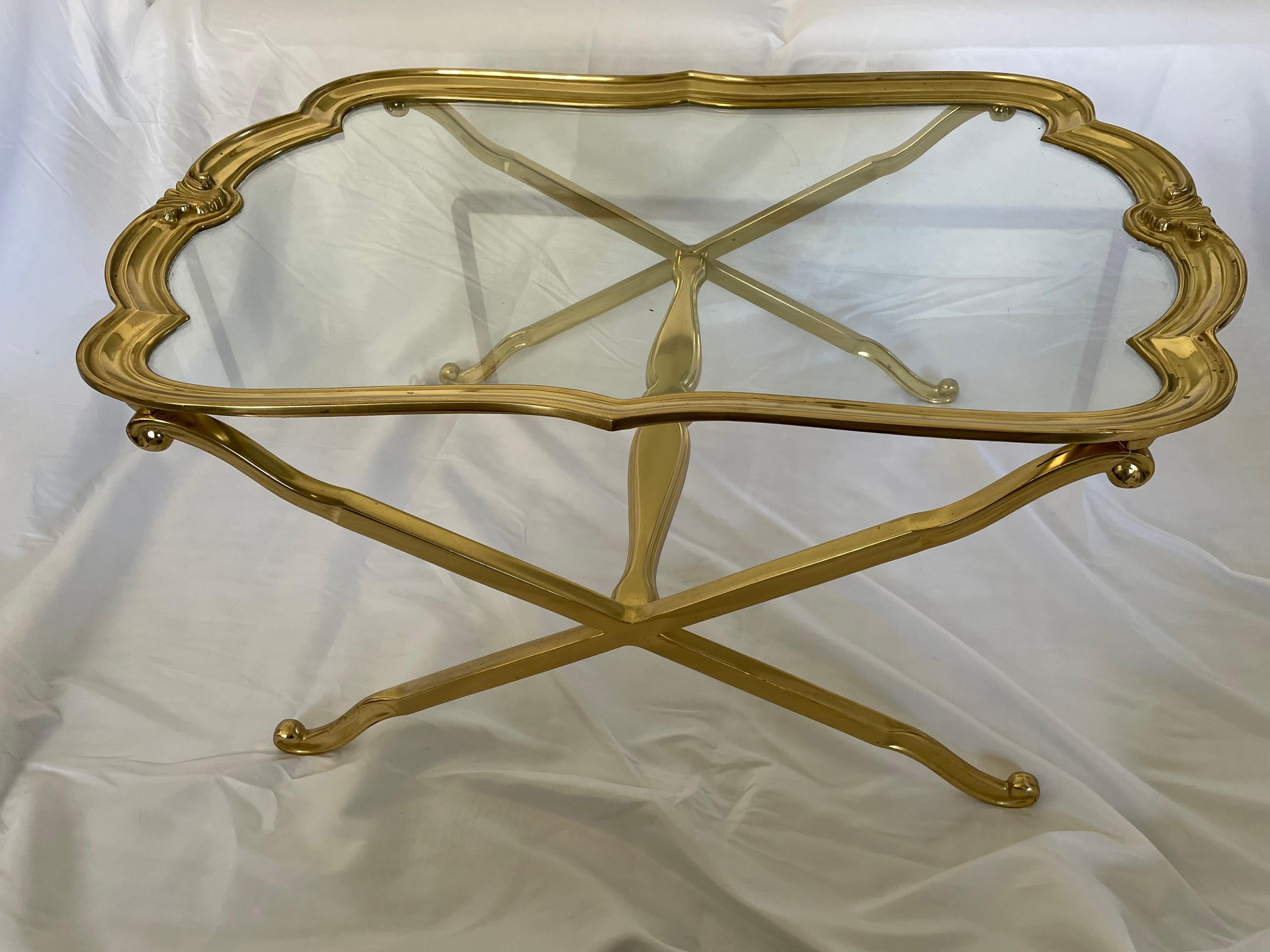 Mid 20th Century Scalloped Edge Brass and Glass X-Base Coffee Table For Sale 1