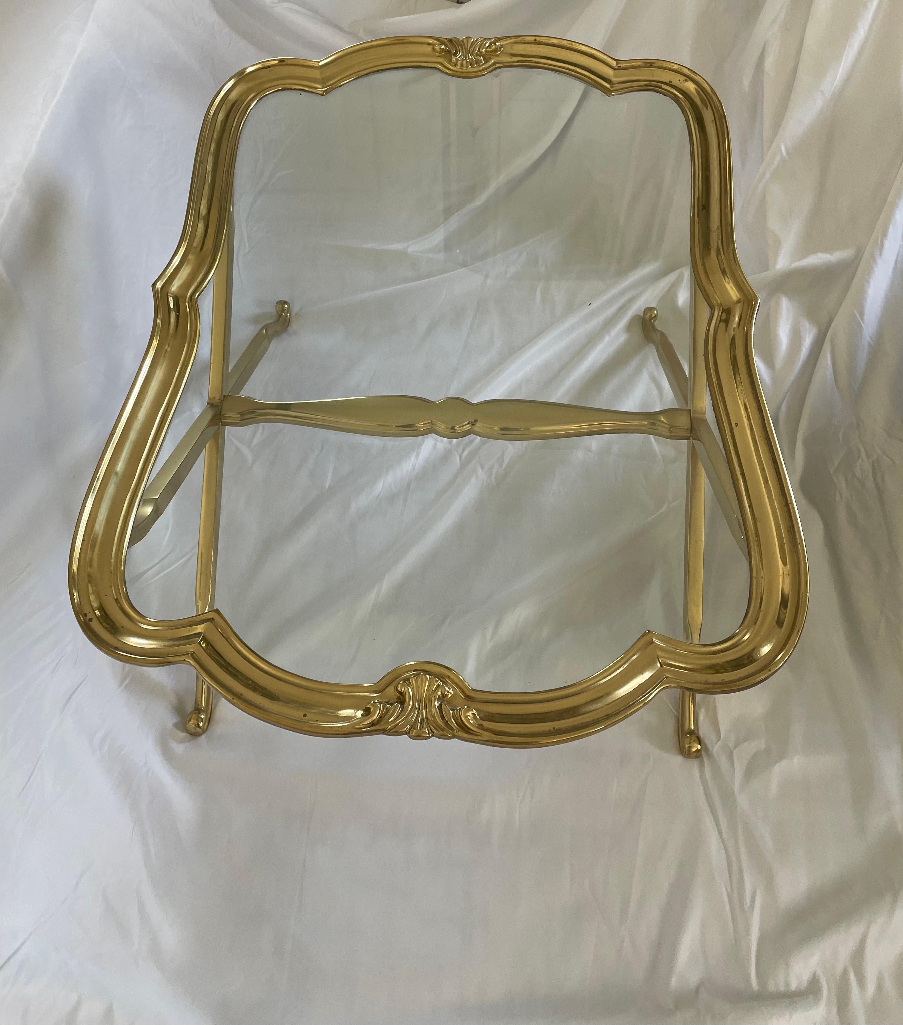 Mid 20th Century Scalloped Edge Brass and Glass X-Base Coffee Table For Sale 2