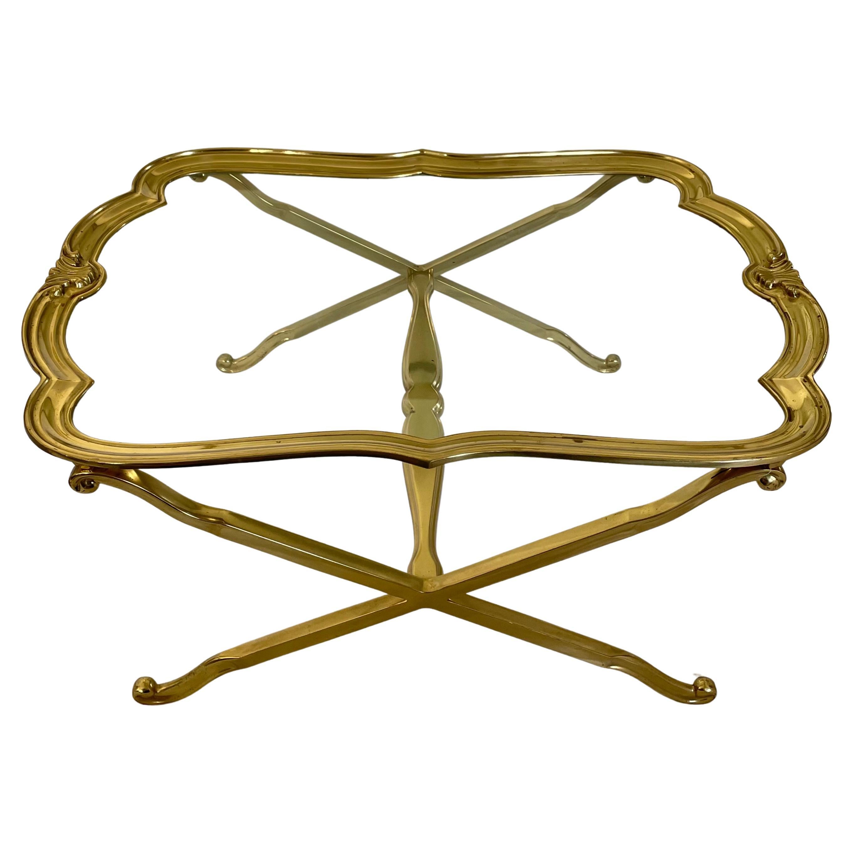 Mid 20th Century Scalloped Edge Brass and Glass X-Base Coffee Table For Sale