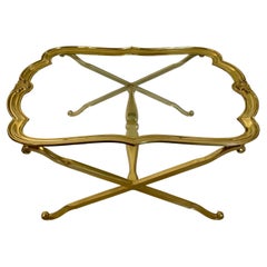 Mid 20th Century Scalloped Edge Brass and Glass X-Base Coffee Table