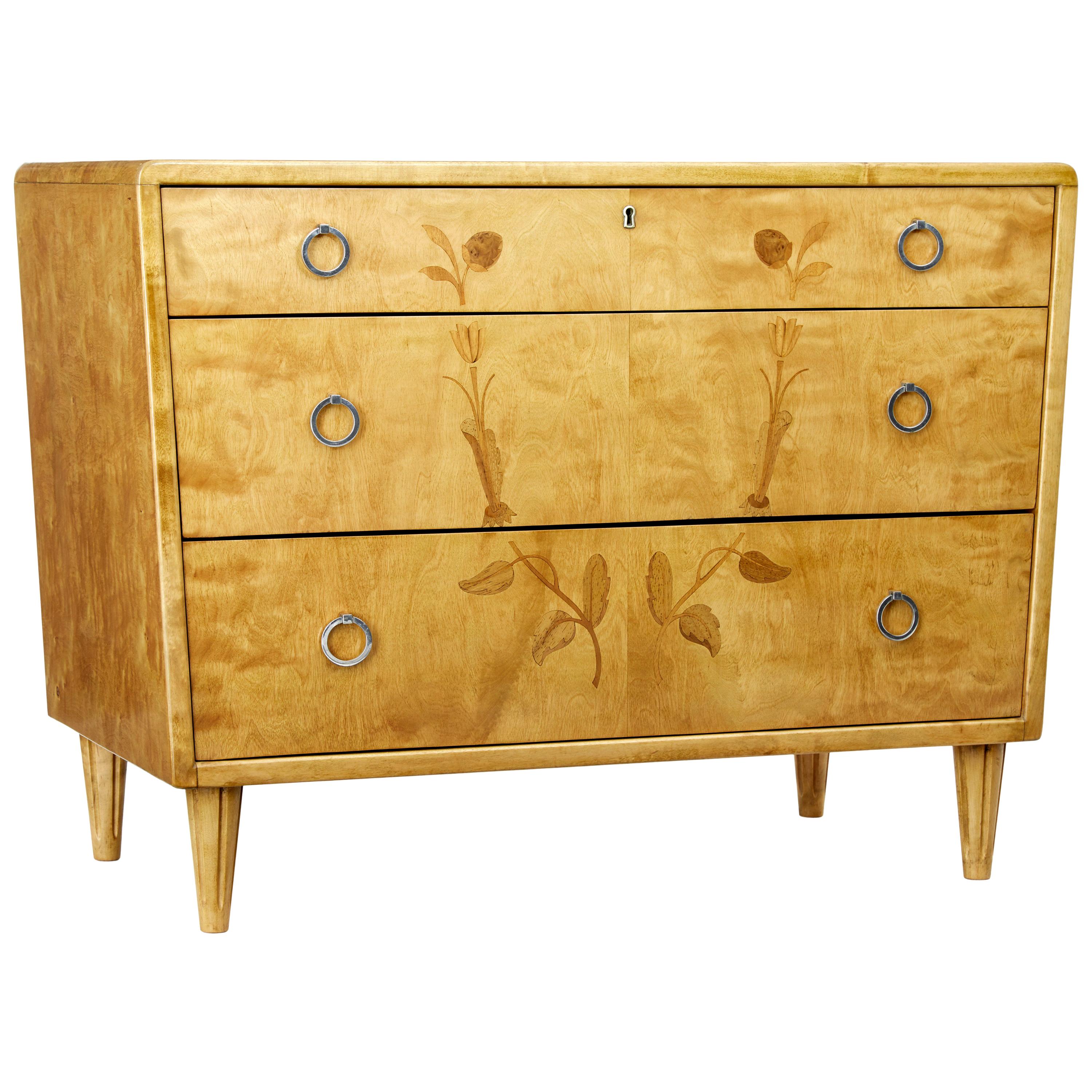 Mid-20th Century Scandinavian Birch Inlaid Chest of Drawers