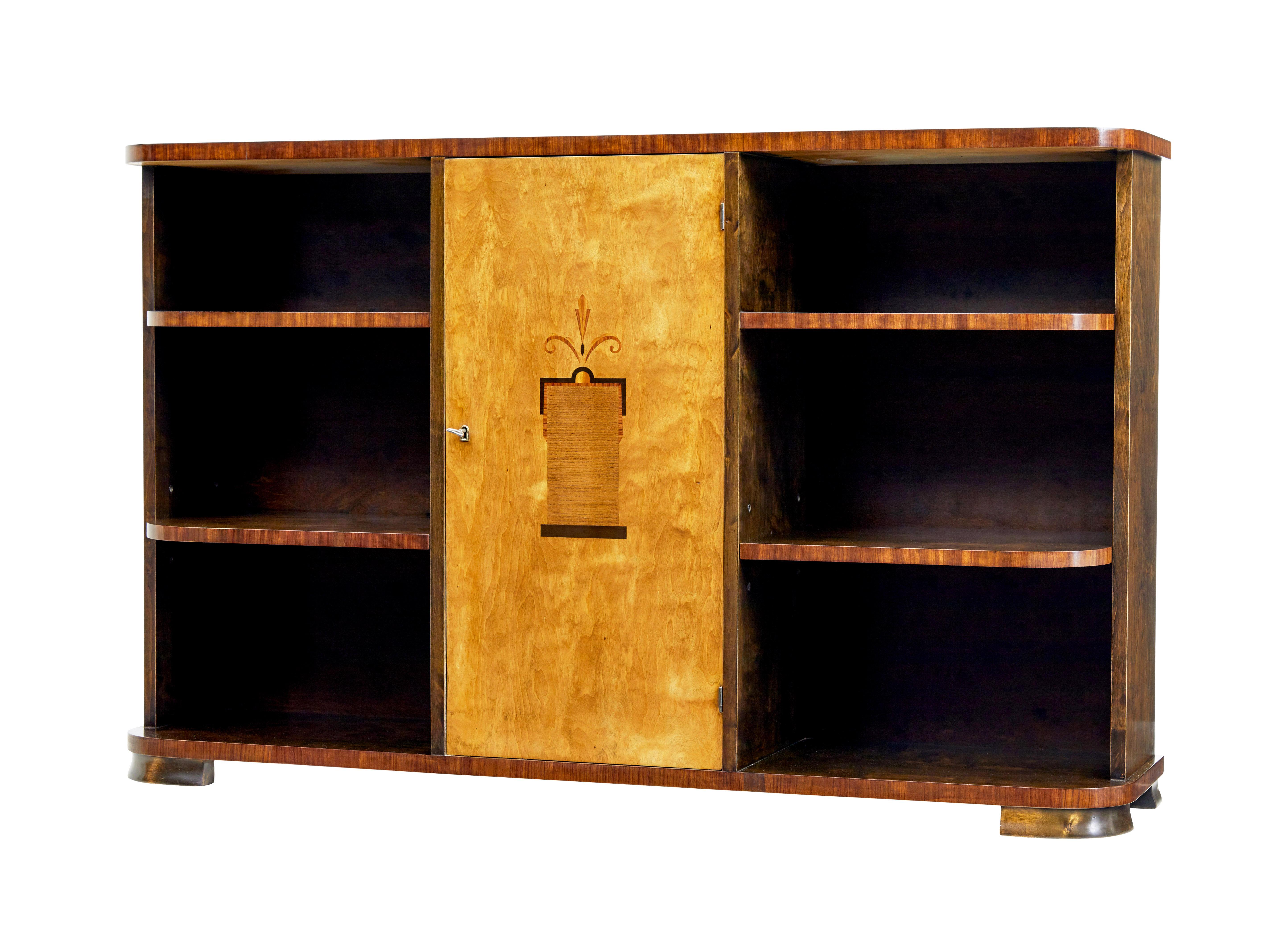 20th Century Mid 20th century Scandinavian birch inlaid open bookcase For Sale