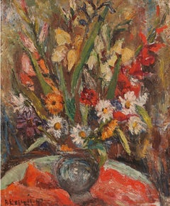 Mid c20th Scandinavian framed oil on panel of flower vase