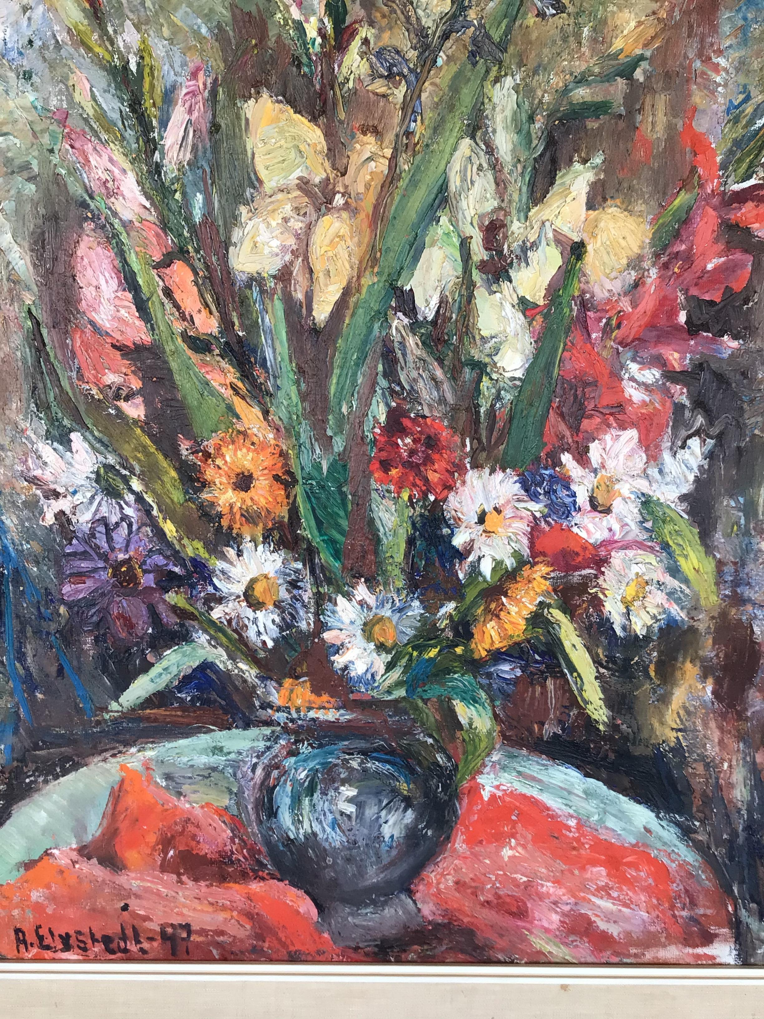 Norvegese Olio su pannello incorniciato della metà del XX secolo, raffigurante un vaso di fiori in vendita