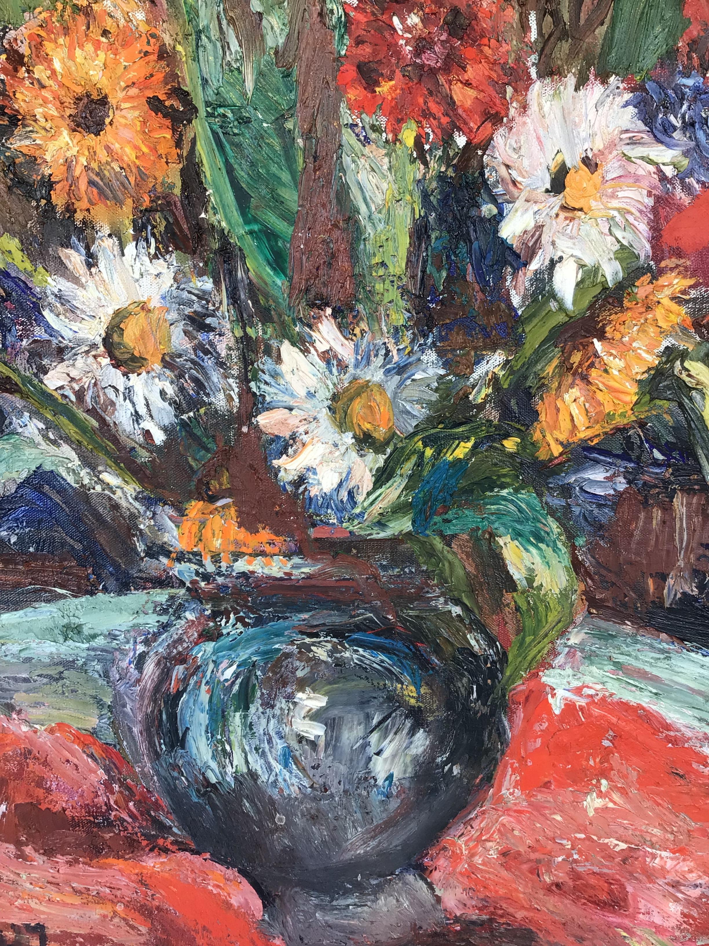Olio su pannello incorniciato della metà del XX secolo, raffigurante un vaso di fiori In condizioni buone in vendita a London, GB