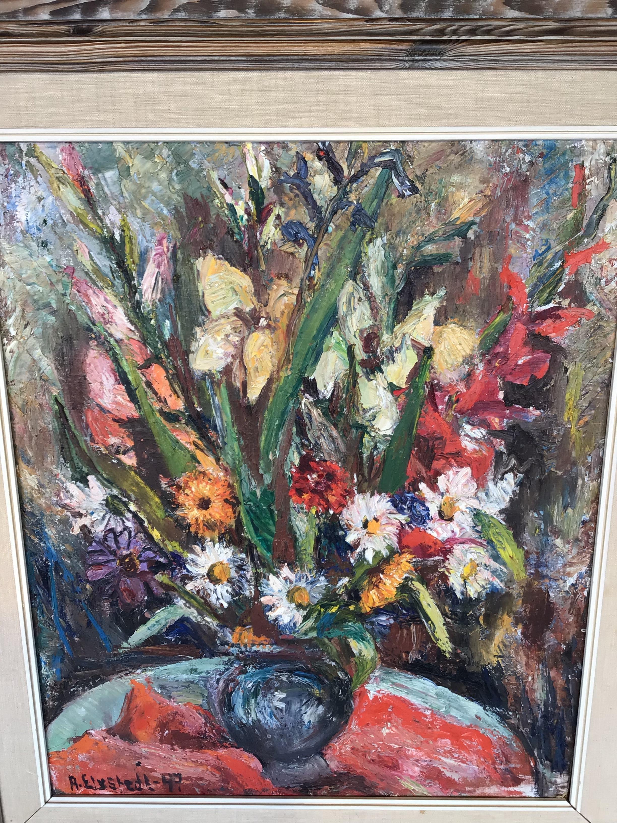 Pittura Olio su pannello incorniciato della metà del XX secolo, raffigurante un vaso di fiori in vendita