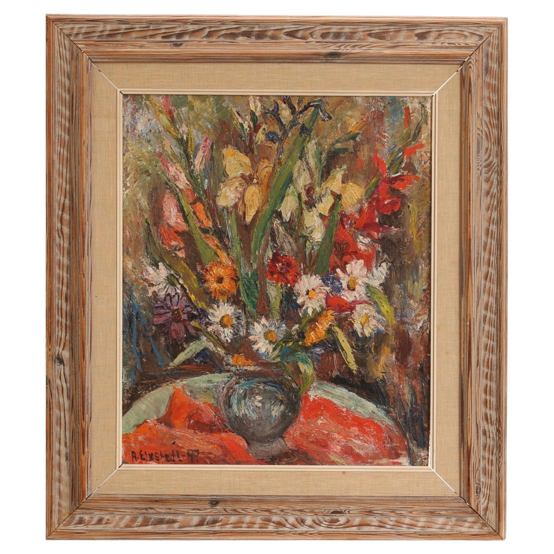 Olio su pannello incorniciato della metà del XX secolo, raffigurante un vaso di fiori