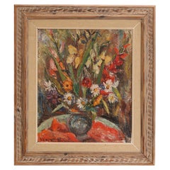 Óleo sobre tabla escandinavo enmarcado de mediados del siglo XX de un jarrón de flores