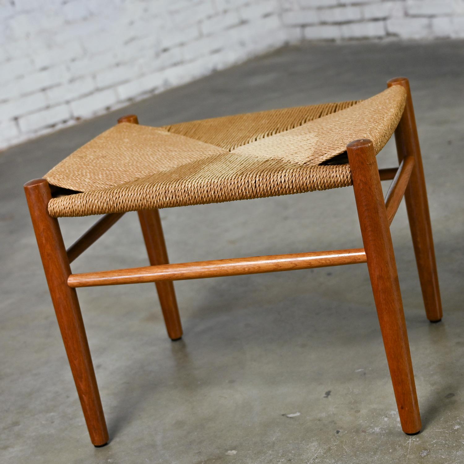 Danish Mid-20th Century Scandinavian Modern Low Stool Teak with Natural Paper Cord Seat
