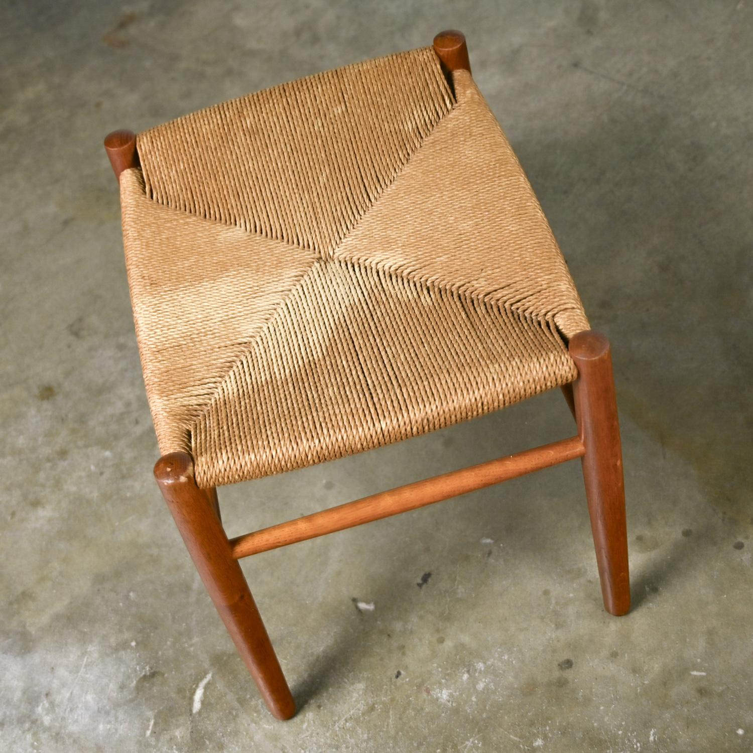 Papercord Mid-20th Century Scandinavian Modern Low Stool Teak with Natural Paper Cord Seat