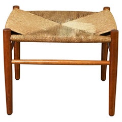 Vintage Mid-20th Century Scandinavian Modern Low Stool Teak with Natural Paper Cord Seat
