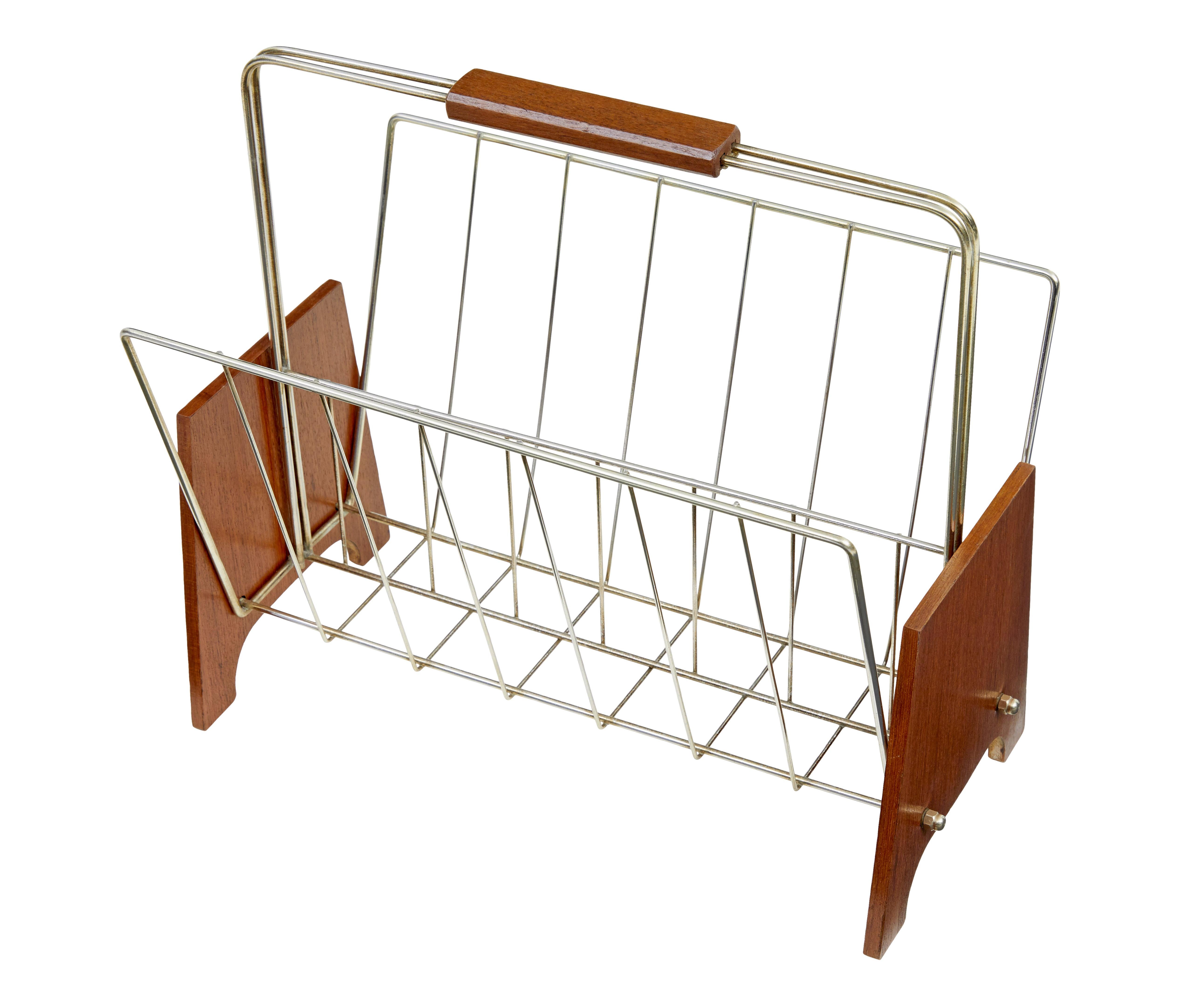 Mid 20th century Scandinavian modern teak and brass magazine rack circa 1960.

Good quality piece of Scandinavian design.  2 teak shaped ends with brass wired framed network for storage of magazines and newspapers.  Completed by a wooden handle on