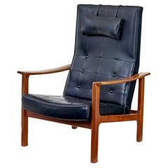 Sillón de cuero reclinable de teca moderno escandinavo de mediados del siglo XX