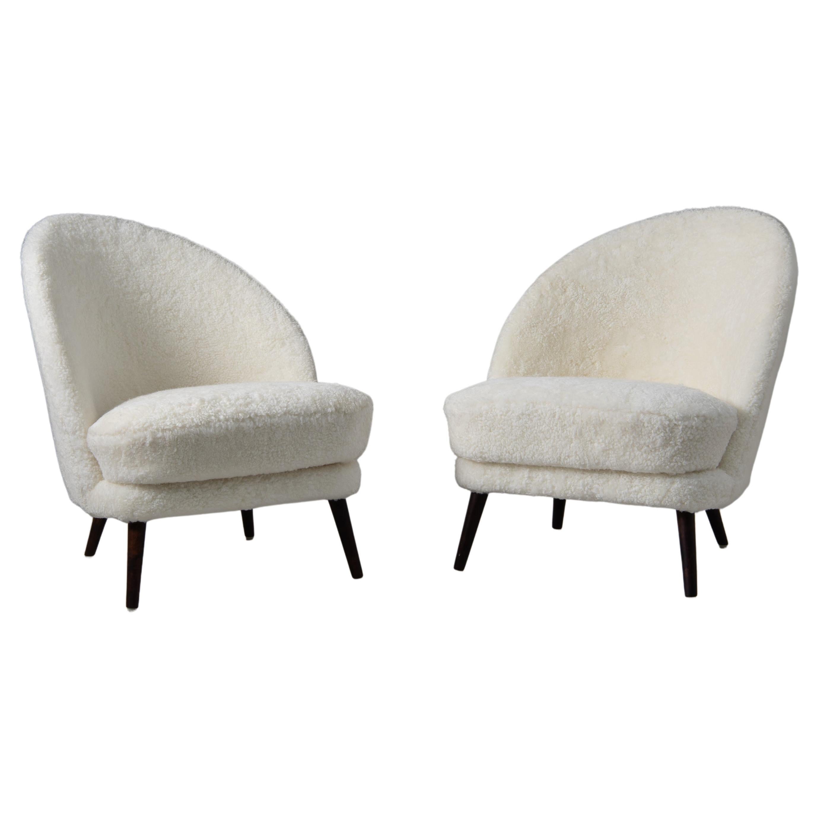 Mid 20th Century Scandinavian Modern White Sheepskin Lounge Chairs