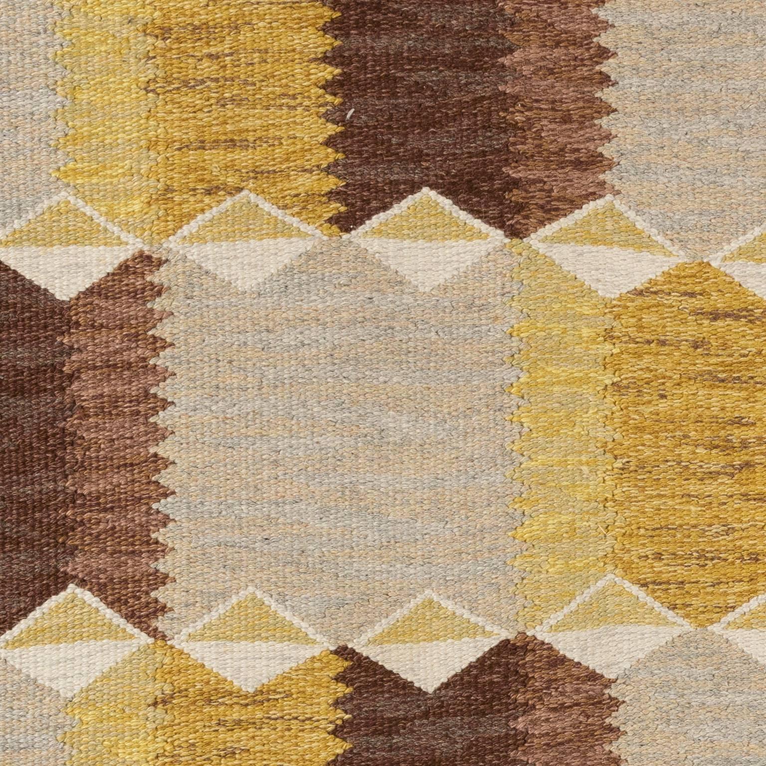 Classic and vintage Scandinavian modern at it best. Pattern with beautiful tonal grey, warm yellow and ivory melange ground with rows of whimsical and polychrome geometric shapes. Signed and handwoven in Anna greta Sjöqvist's atelier in Sösdala in