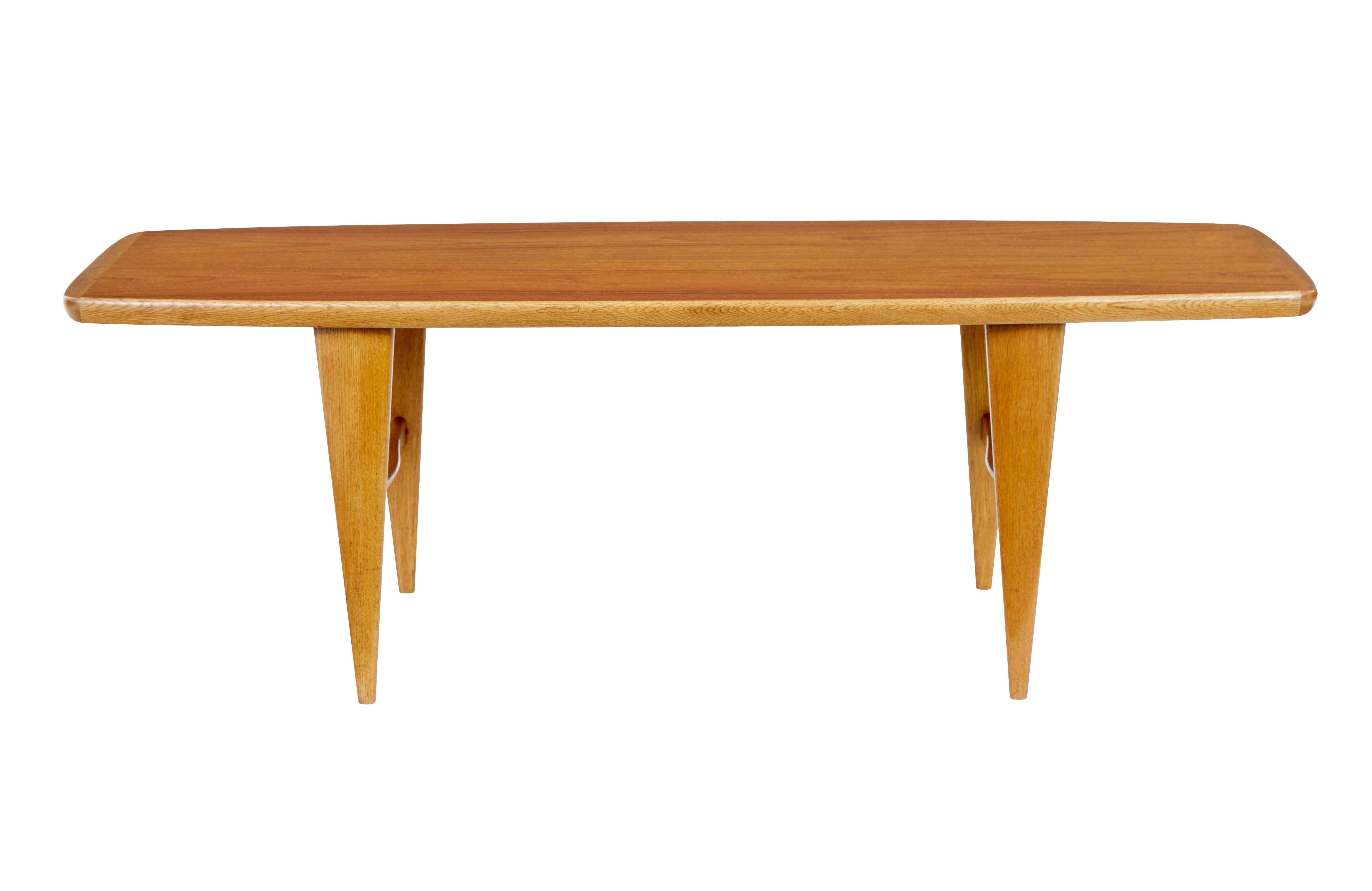 Table basse scandinave en teck du milieu du 20e siècle, circa 1960.

Table basse en forme de teck et de chêne.  Plateau en teck avec bordure en chêne.  Elle repose sur des pieds fuselés en chêne, réunis par une entretoise en forme de cadre en h.

1