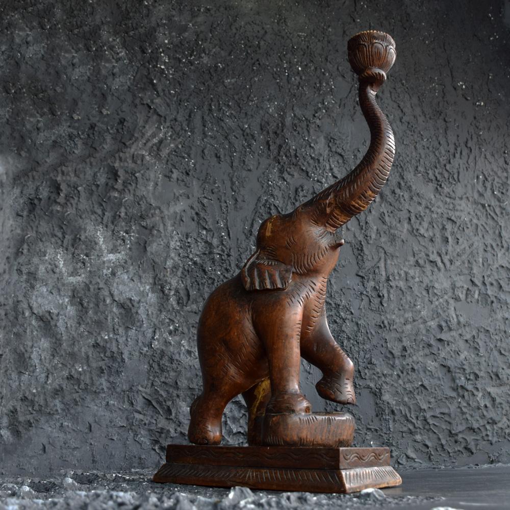 Indian Mid-20th Century Section Carved Elephant Candleholder Statue