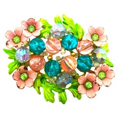 Vintage Mid-20th Century Selini Abstract Enamel & Crystal Floral Brooch-SIgned