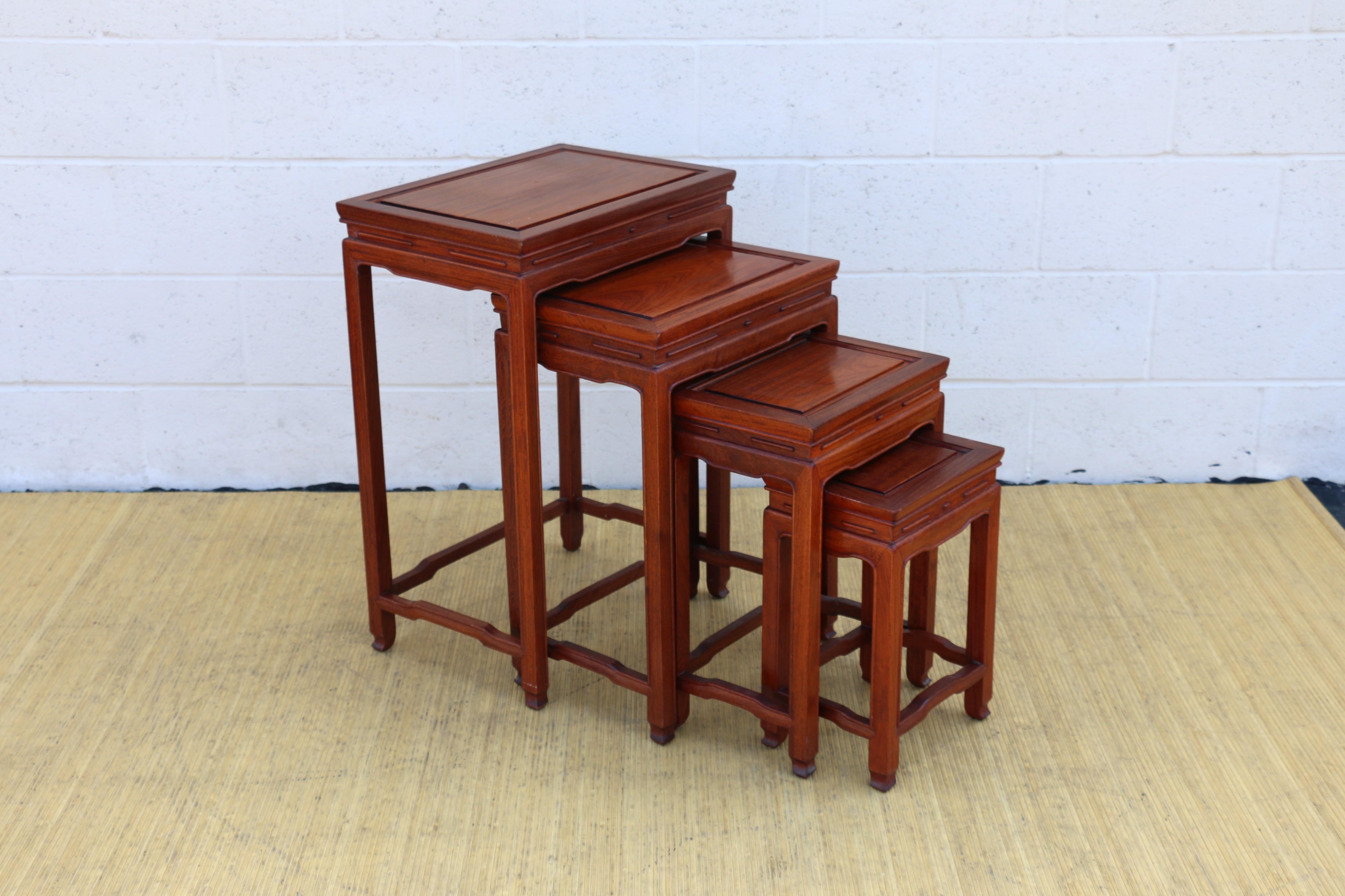 Chinese Chippendale Mid 20th Century Set of Four Chinese Hong-Mu Nest of Tables for George Zee & CO. For Sale